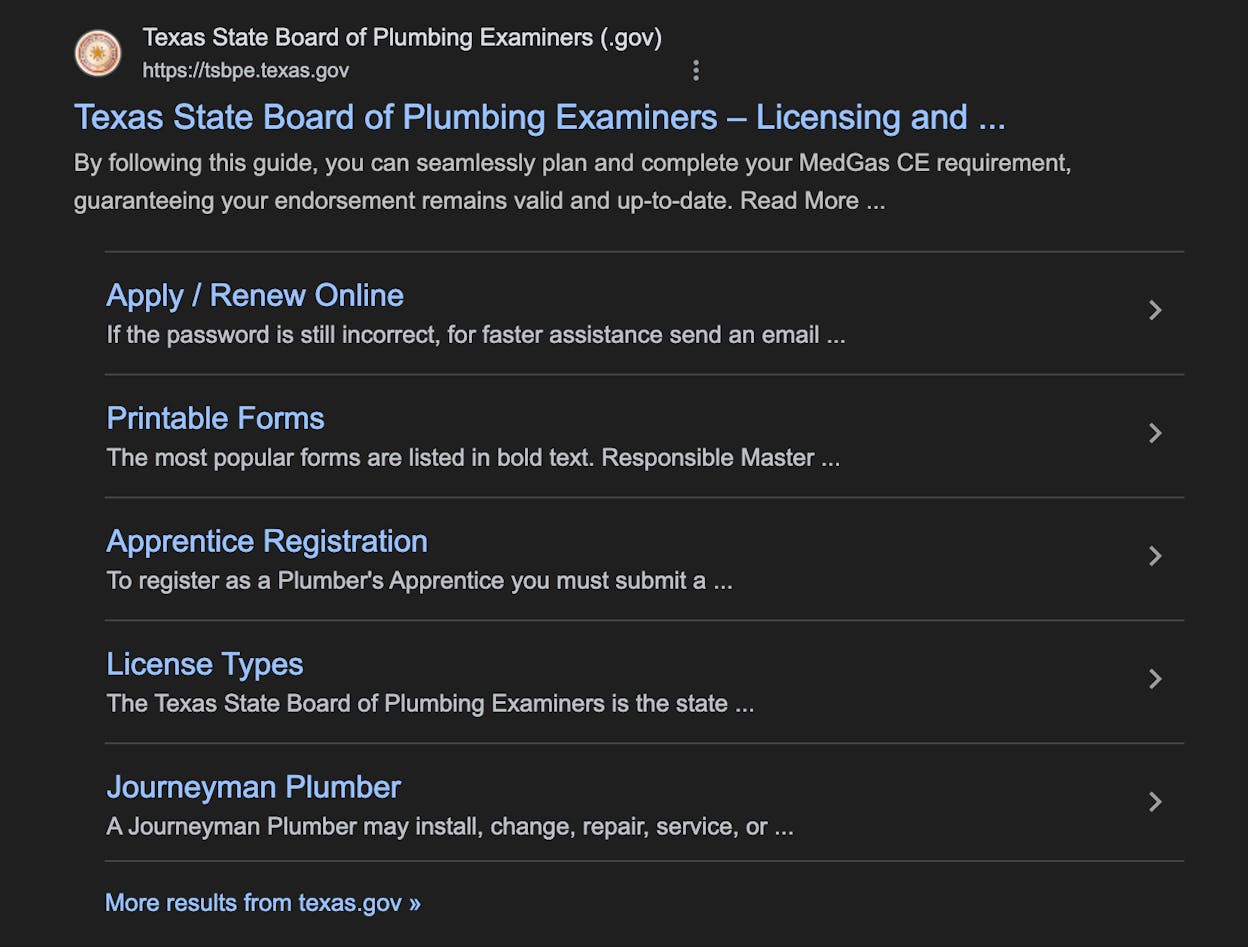 Screenshot: Google brand SERP with sitelinks search box and navigation links