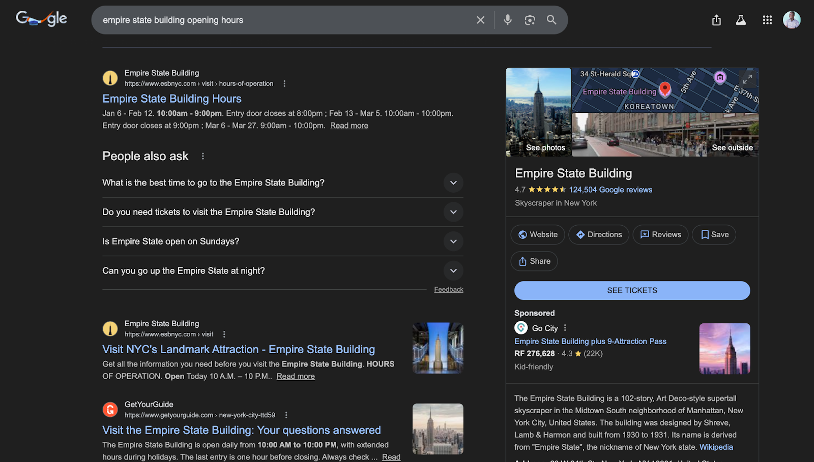 Screenshot: Event rich results in Google showing date, venue, and ticket link