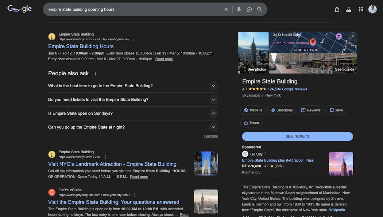 Screenshot: Event rich results in Google showing date, venue, and ticket link