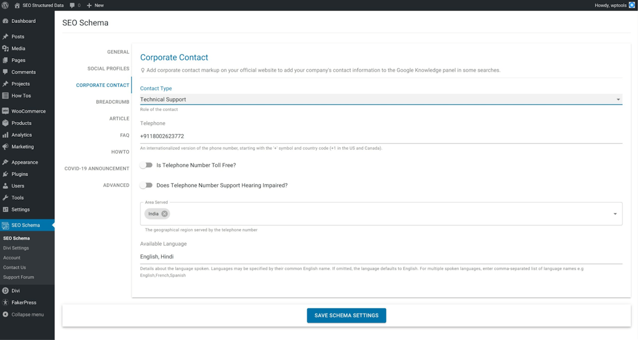 Screenshot: CMS schema settings panel showing Organization and Article schema toggles