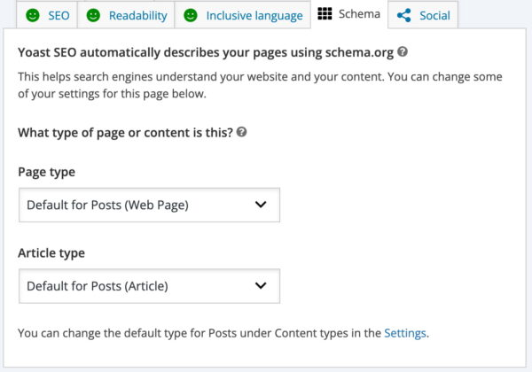 Screenshot: Yoast SEO &ldquo;Schema&rdquo; tab in post editor showing Page type and Article type dropdowns