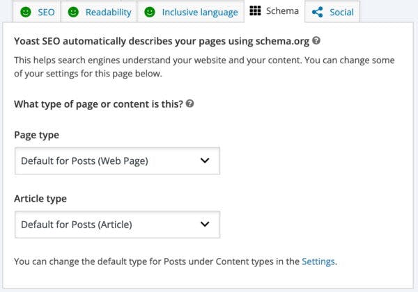 Screenshot: Yoast SEO “Schema” tab in post editor showing Page type and Article type dropdowns