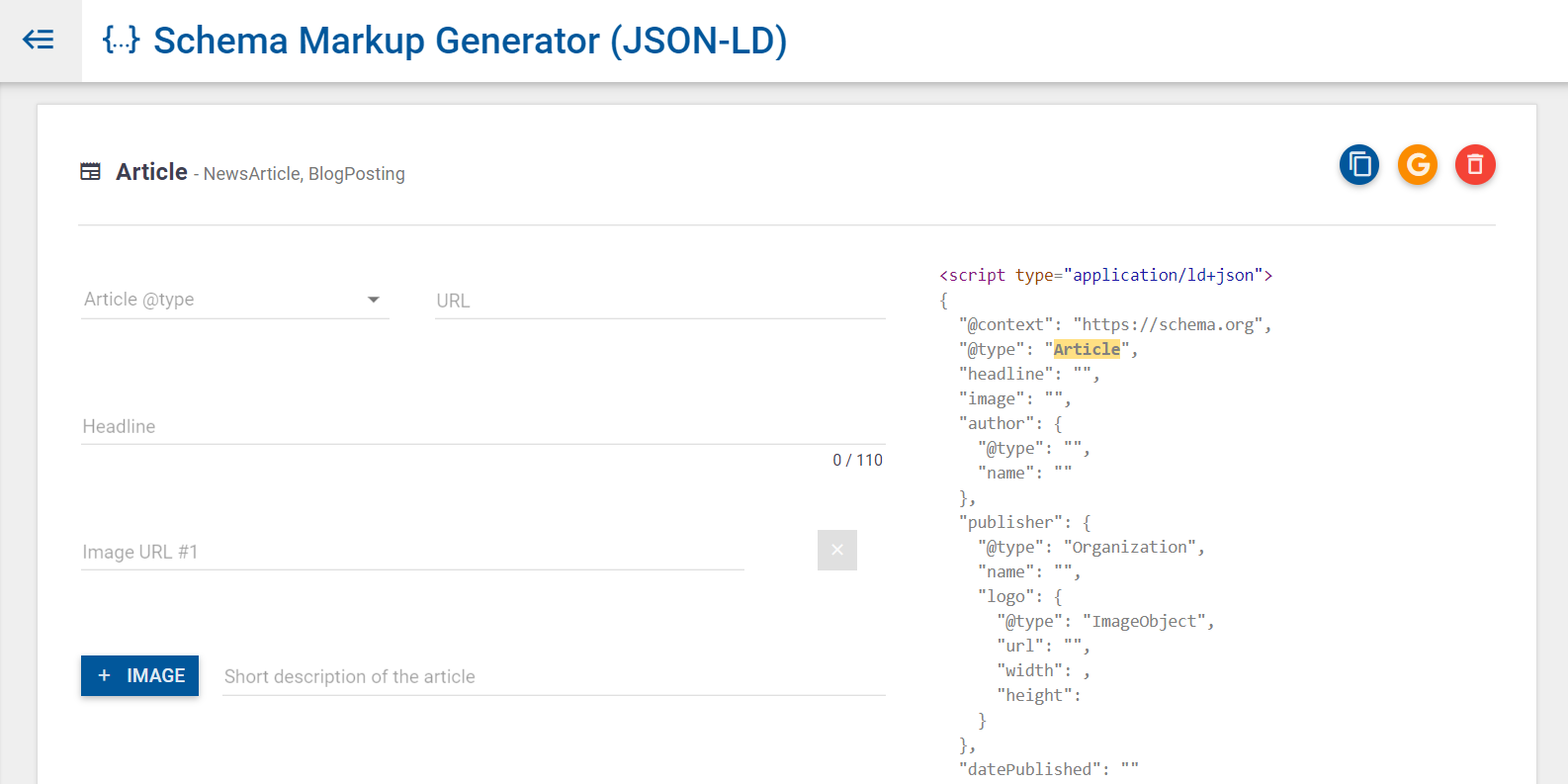 Screenshot: Merkle Schema Markup Generator homepage with schema type dropdown showing Event selected