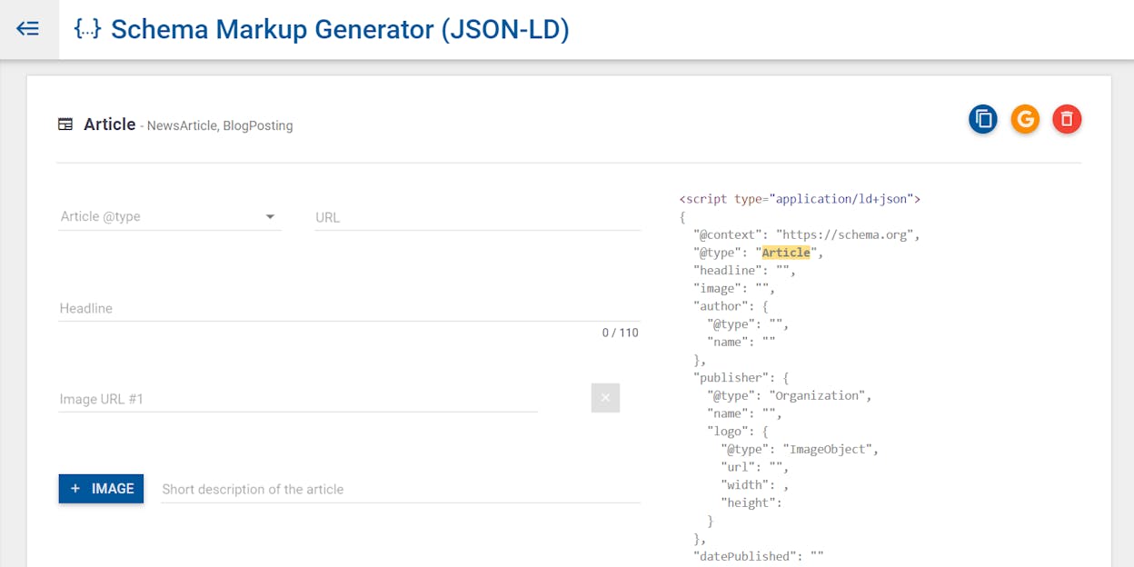 Screenshot: Merkle Schema Markup Generator homepage with schema type dropdown showing Event selected
