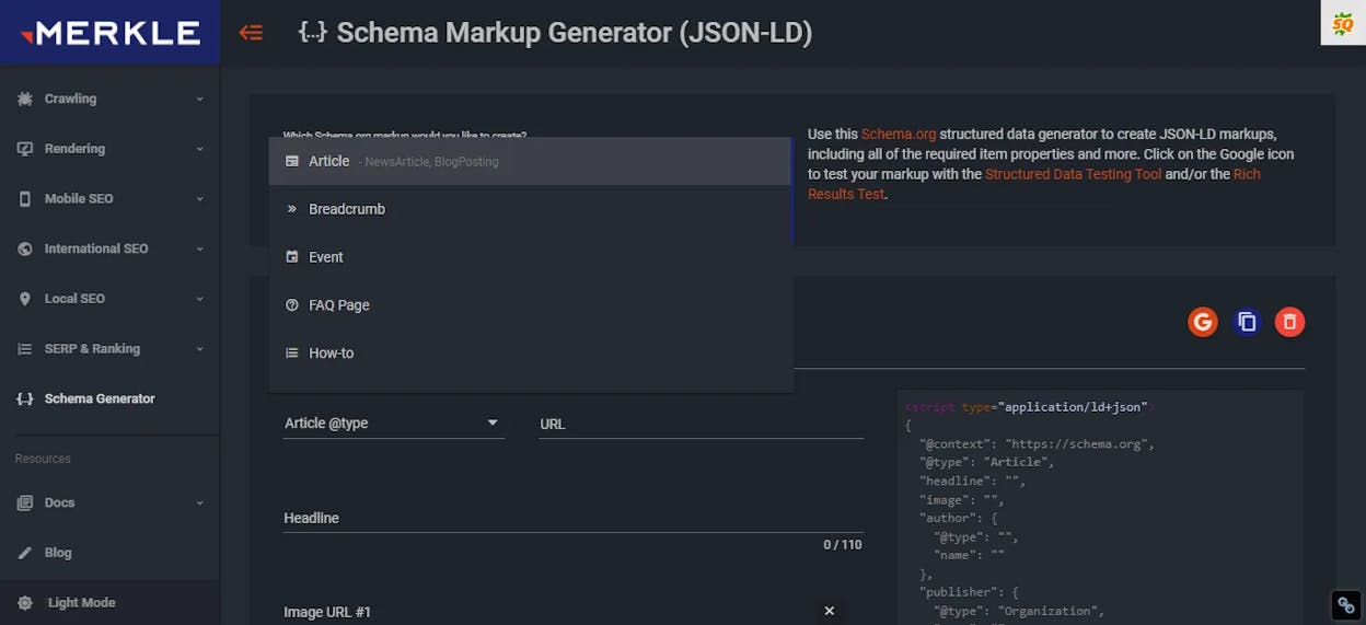Screenshot: Merkle generator with fields filled in for a fictional SEO conference event