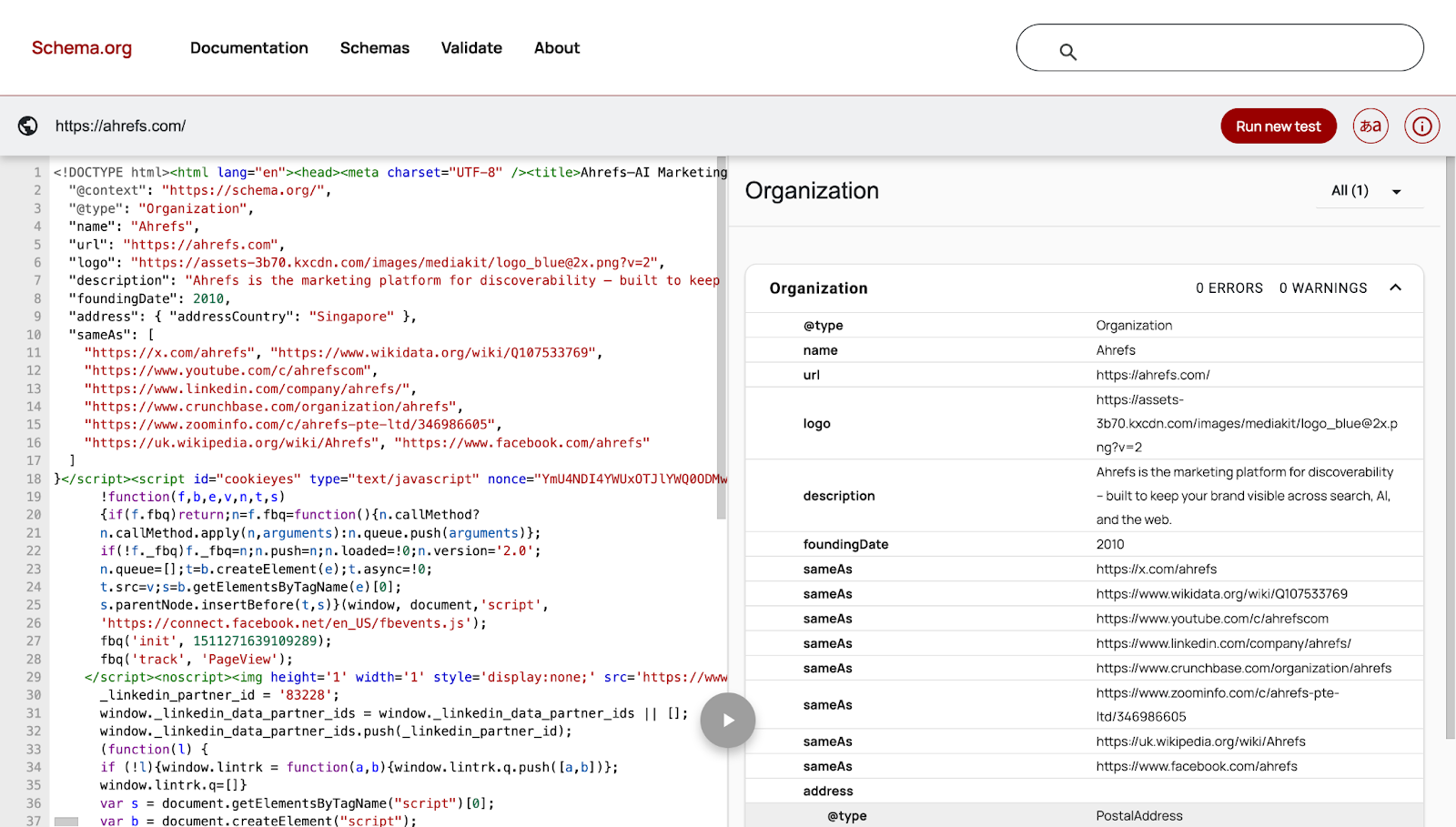 Screenshot: Schema.org Validator showing parsed schema types with any warnings highlighted