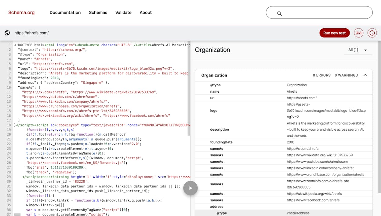 Screenshot: Schema.org Validator showing parsed schema types with any warnings highlighted