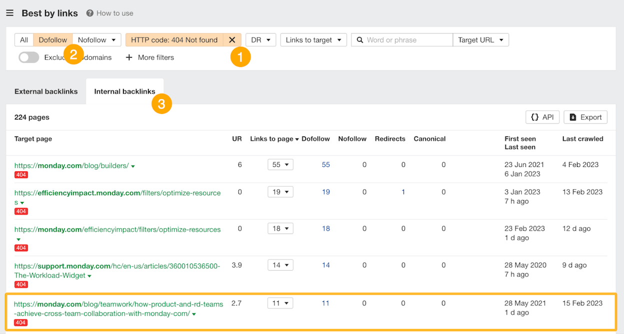Screenshot: Ahrefs Site Explorer > Best by links report filtered for 404 pages, sorted by referring domains, showing a competitor’s broken pages with backlink counts