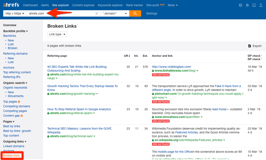 Screenshot: Ahrefs Site Explorer > Outgoing Links > Broken Links report showing a list of external dead URLs that the competitor links to, with destination URLs and anchor text