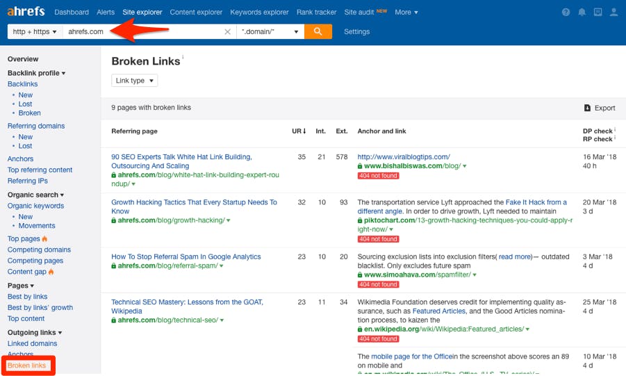 Screenshot: Ahrefs Site Explorer > Outgoing Links > Broken Links report showing a list of external dead URLs that the competitor links to, with destination URLs and anchor text