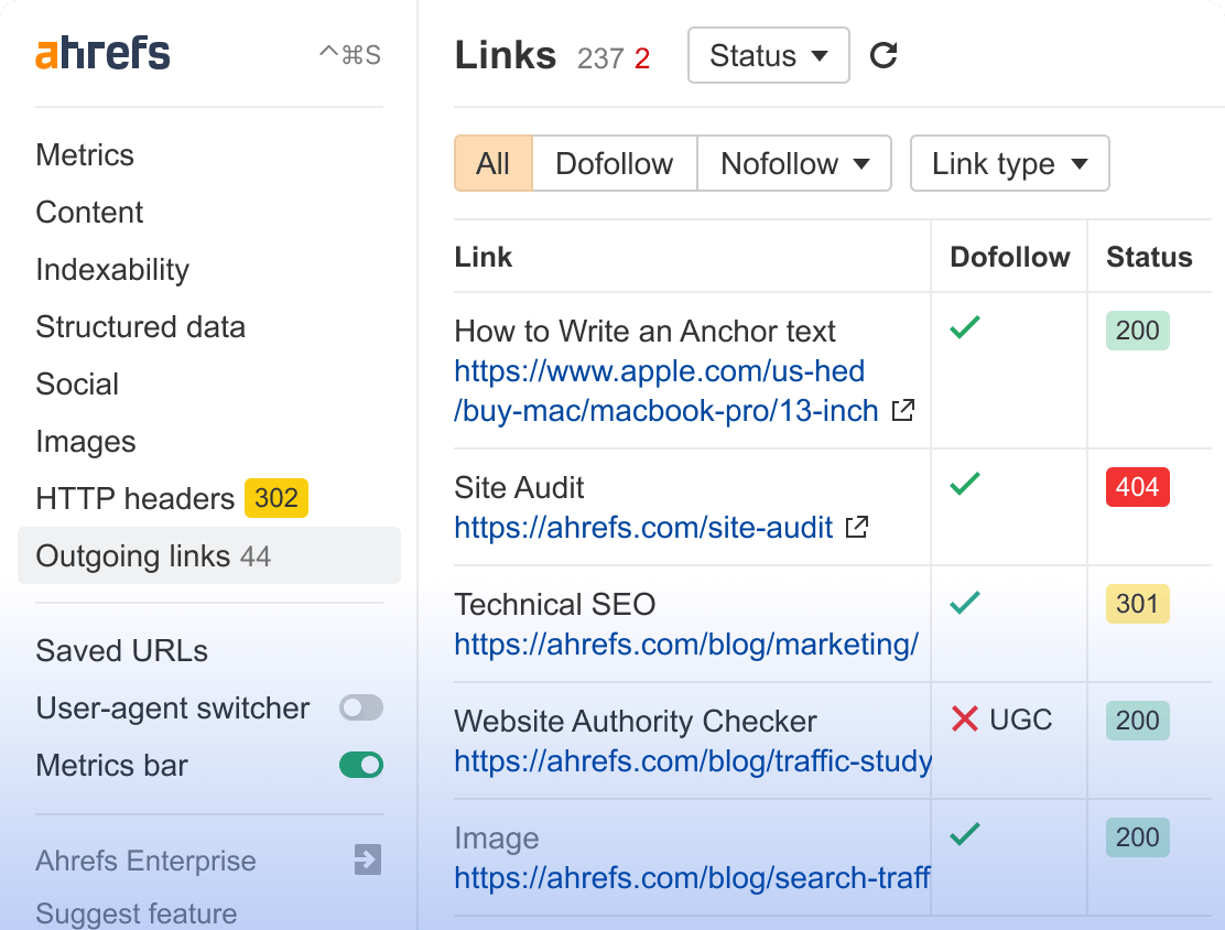 Screenshot: Ahrefs SEO Toolbar showing a list of links on a resource page, with broken links highlighted in red