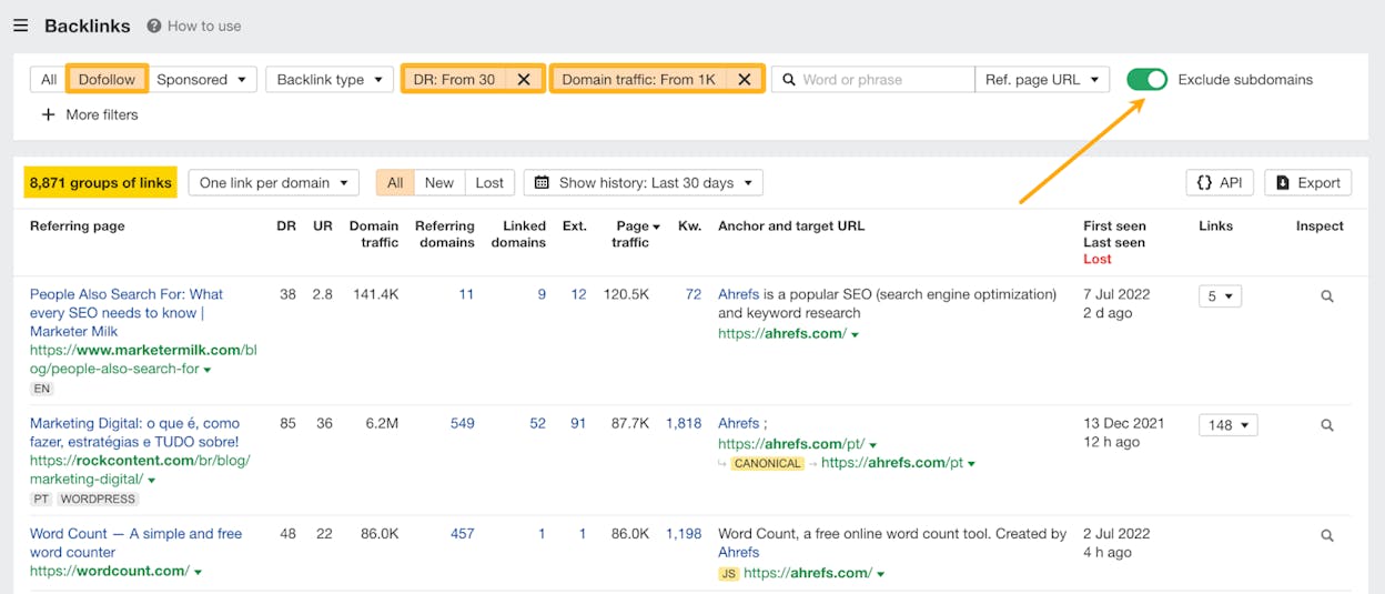 Screenshot: Ahrefs Backlinks report with quality filters applied, showing a reduced but higher-quality list of referring domains