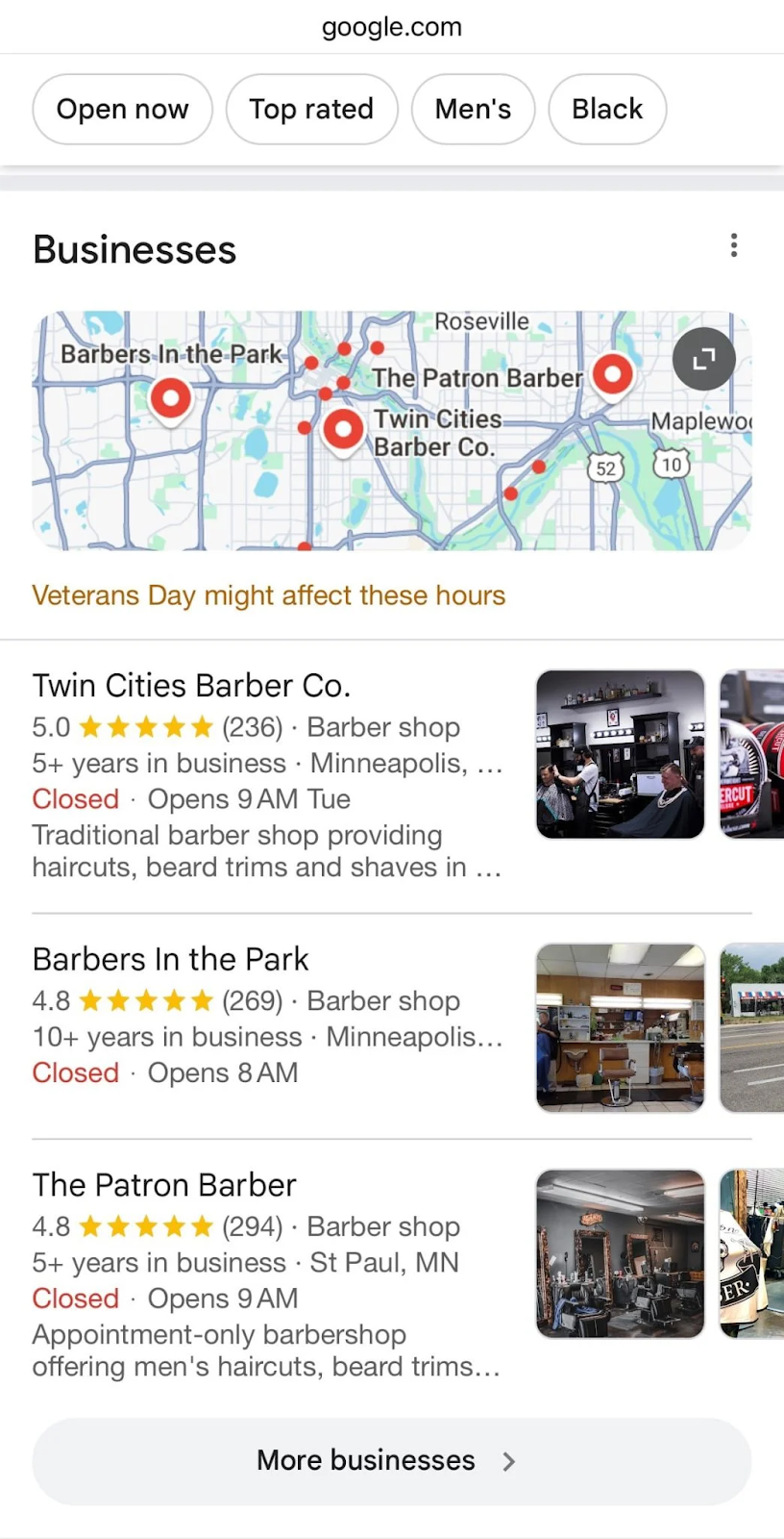 Google SERP showing map pack and organic results for a local search query like “plumber near me