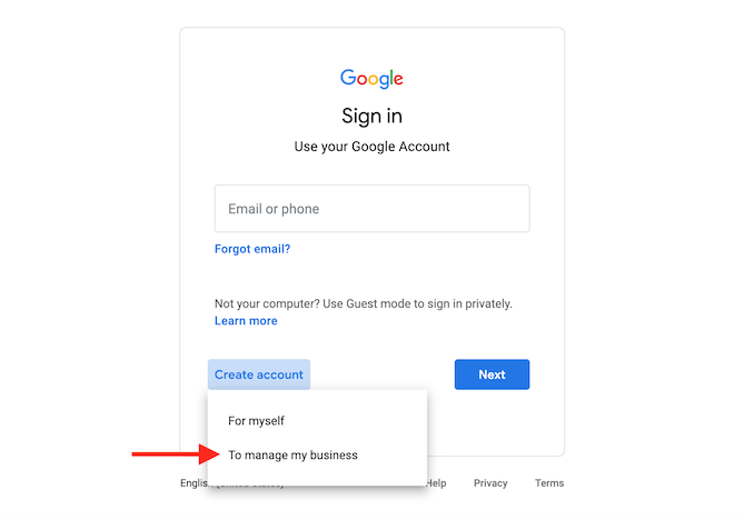 [Screenshot: Google Business Manager sign-up page]