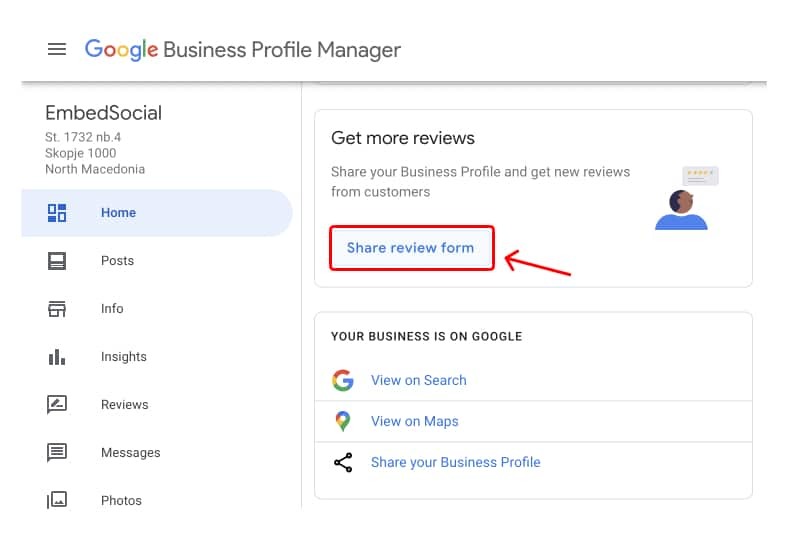 [Screenshot: Google Business Manager showing how to find the review link under &ldquo;Ask for reviews&rdquo;]