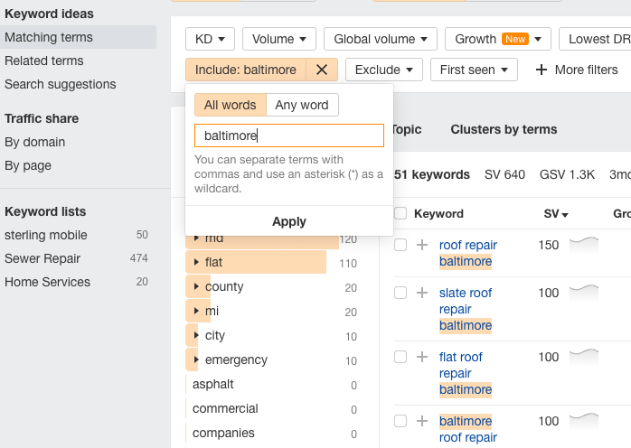 [Screenshot: Keyword research tool showing matching terms report with local service keywords and their search volumes]