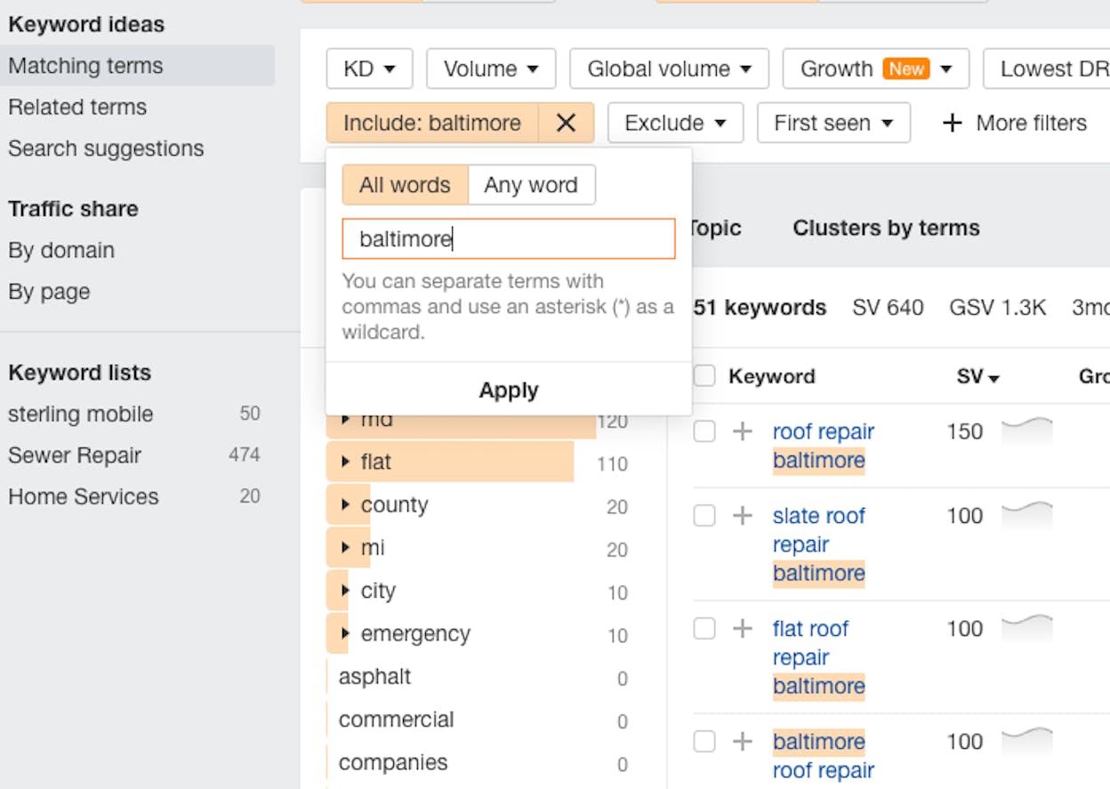 [Screenshot: Keyword research tool showing matching terms report with local service keywords and their search volumes]