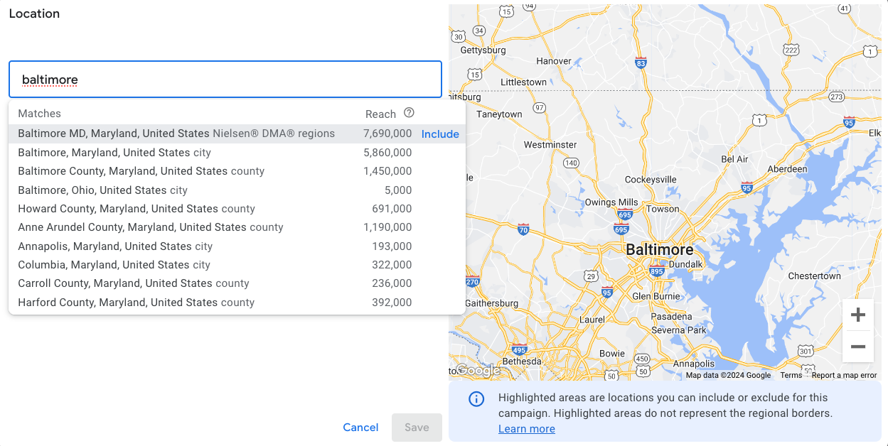 [Screenshot: Google Keyword Planner with location filter set to a specific city, showing local search volume ranges]
