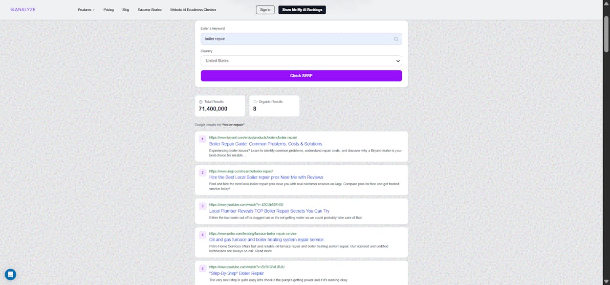[Screenshot: Analyze AI SERP Checker results showing SERP features for a local keyword, including map pack presence]