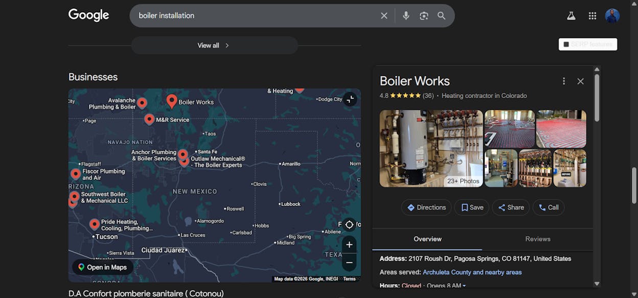 [Screenshot: Google SERP for &ldquo;boiler installation&rdquo; showing map pack &mdash; confirming local intent]