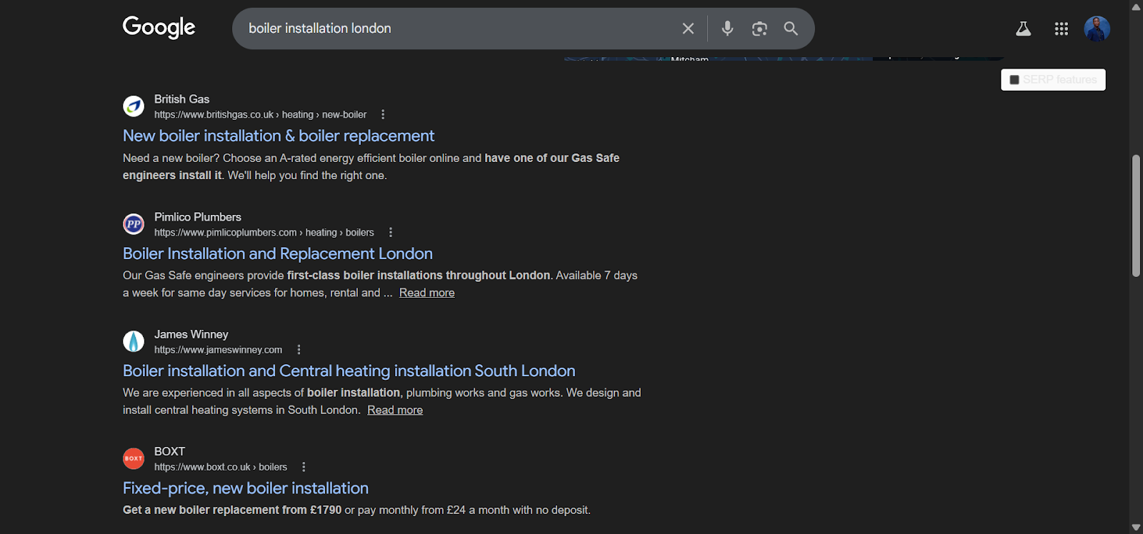 [Screenshot: Google SERP for a query without local intent &mdash; no map pack, only informational content]