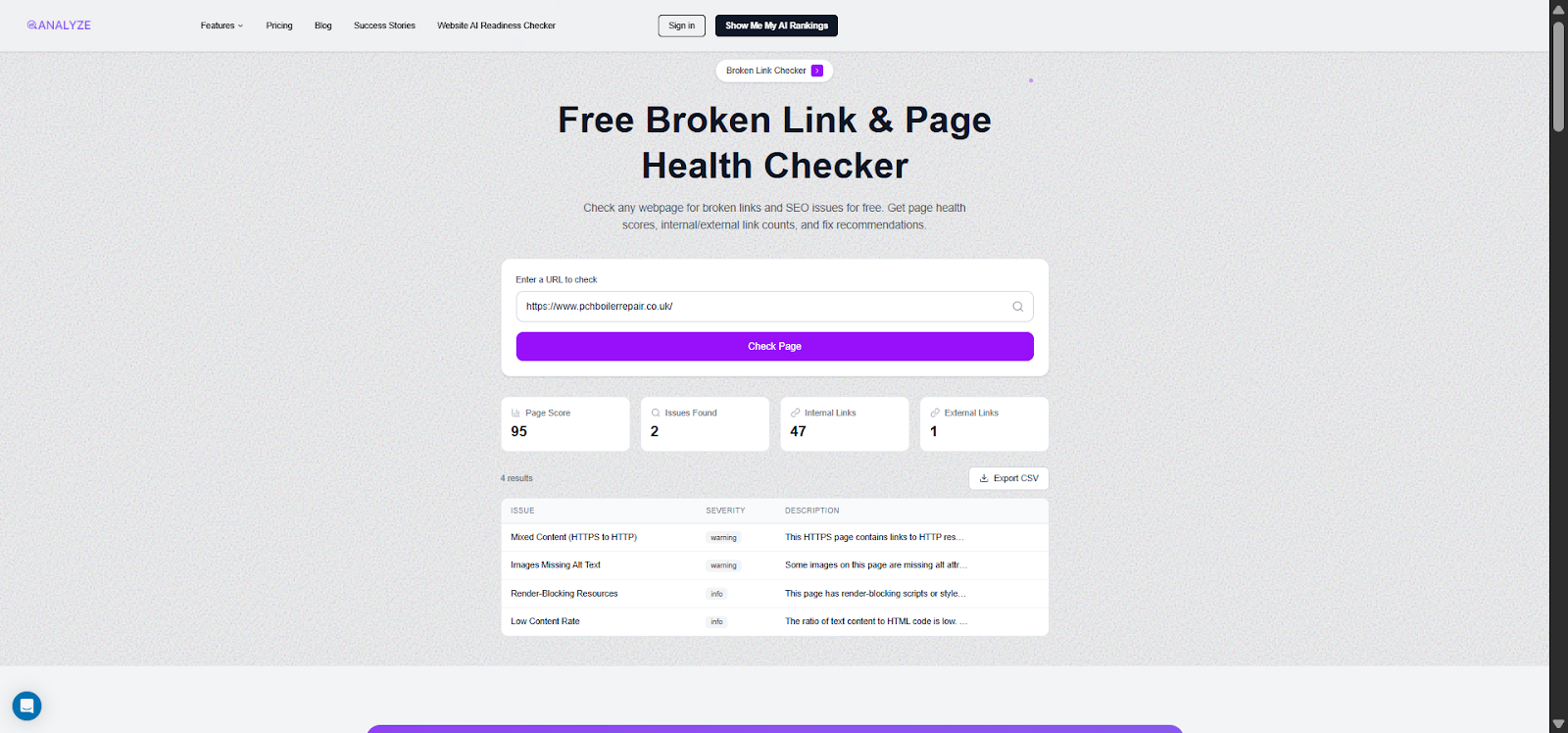[Screenshot: Analyze AI Broken Link Checker results showing broken links found on a local business website]