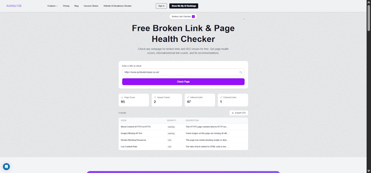[Screenshot: Analyze AI Broken Link Checker results showing broken links found on a local business website]