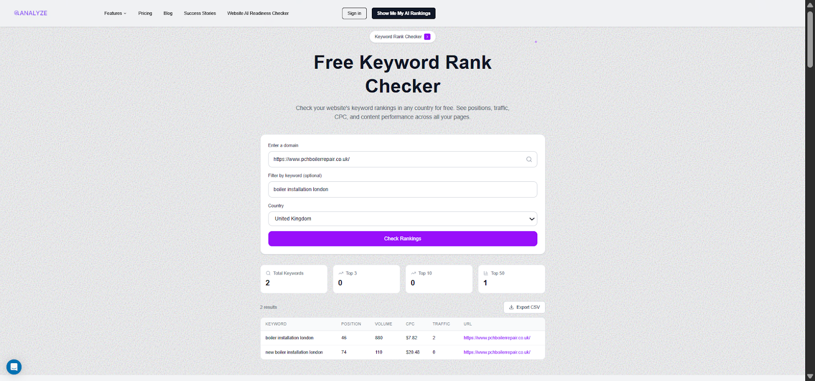 [Screenshot: Analyze AI Keyword Rank Checker showing ranking position for a local keyword]