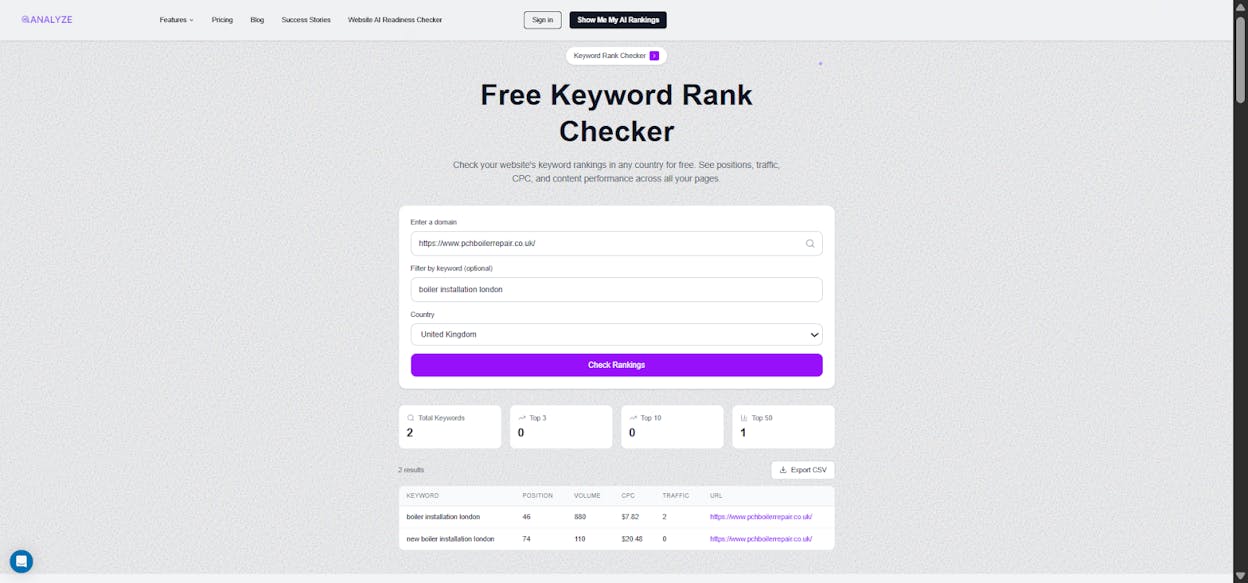 [Screenshot: Analyze AI Keyword Rank Checker showing ranking position for a local keyword]