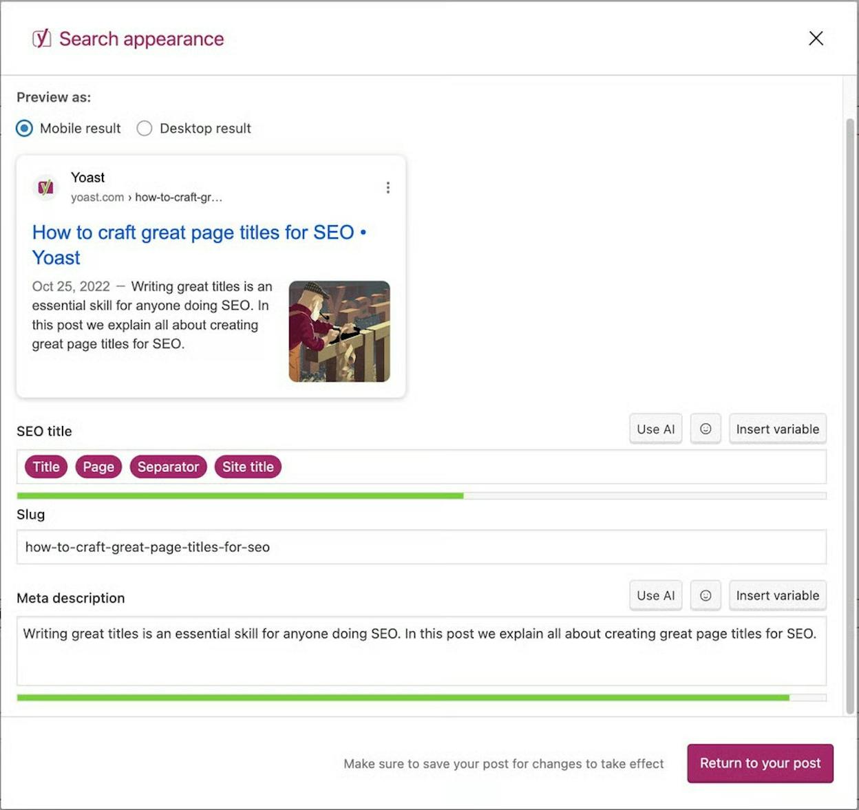 [Screenshot: Yoast SEO&rsquo;s social tab in the WordPress editor showing the Facebook preview fields for og:title, og:description, and og:image]