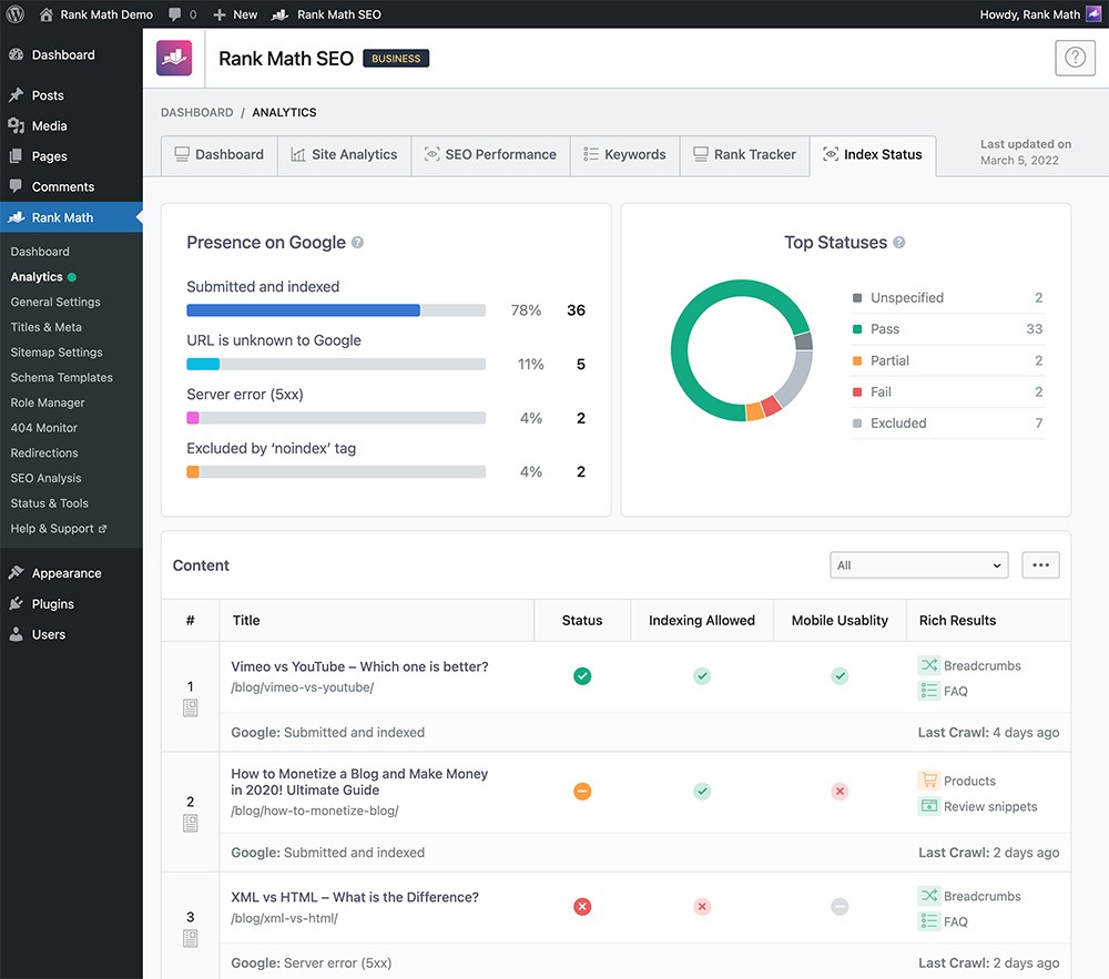 [Screenshot: Rank Math&rsquo;s Social tab in the WordPress editor]