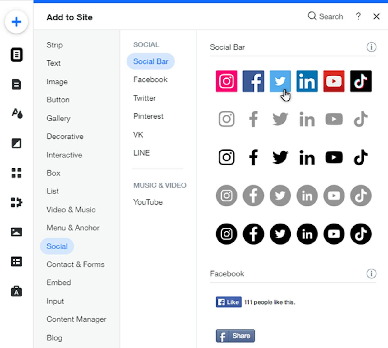 [Screenshot: Wix&rsquo;s Social Share settings panel]