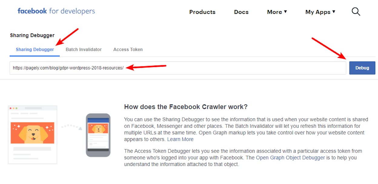 [Screenshot: Facebook Sharing Debugger output showing the fetched OG tags and rendered preview card for a sample page]