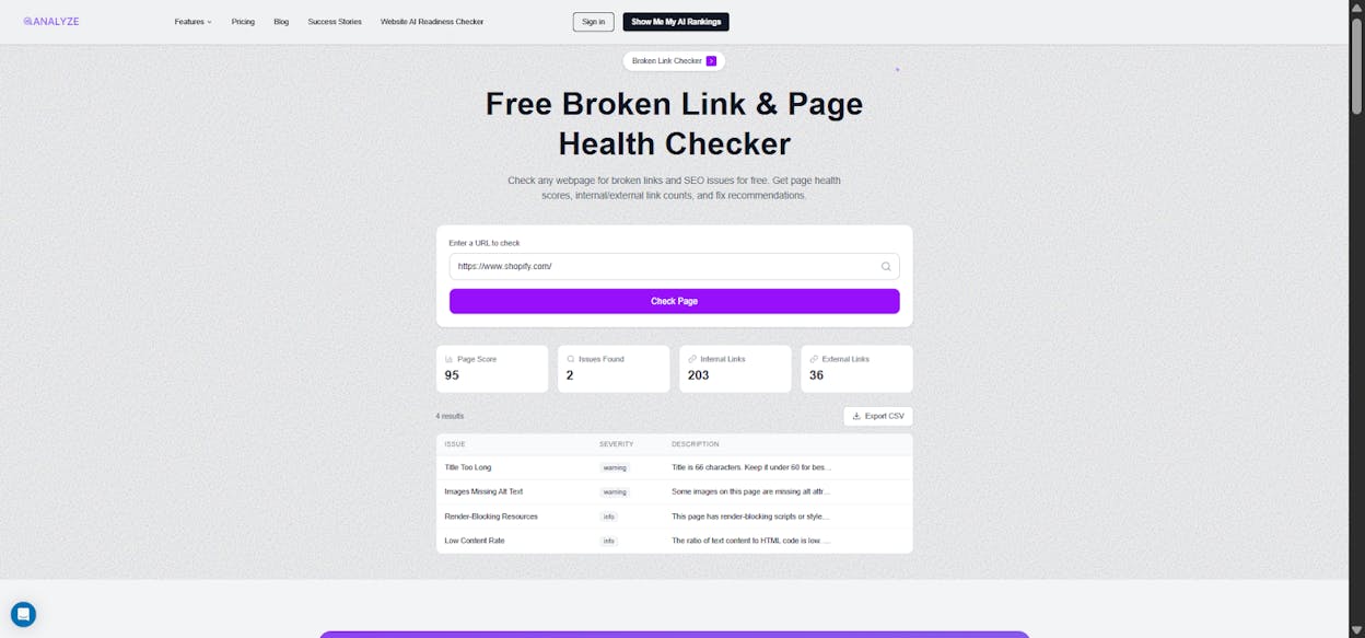 [Screenshot: Analyze AI&rsquo;s Broken Link Checker results showing page health score and broken links detected on a sample URL]