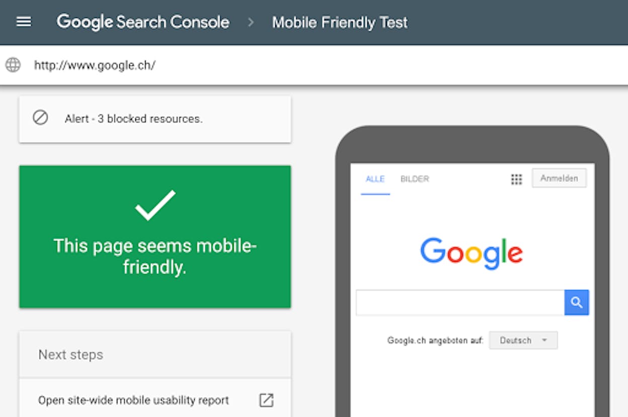 [Screenshot: Google Mobile-Friendly Test results page showing a passing result]