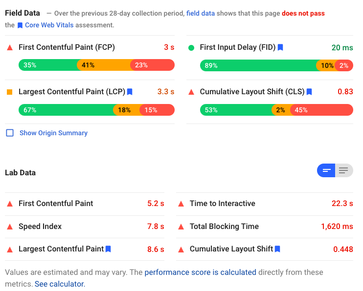 [Screenshot: PageSpeed Insights results showing Core Web Vitals scores]