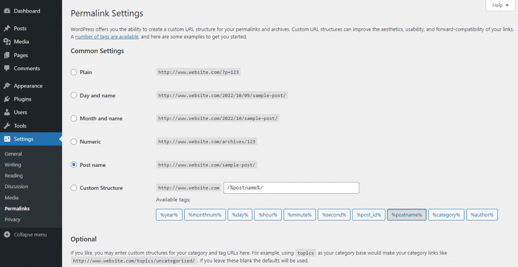 [Screenshot: WordPress Permalink Settings page with &ldquo;Post name&rdquo; option selected]