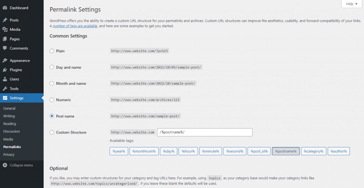 [Screenshot: WordPress Permalink Settings page with &ldquo;Post name&rdquo; option selected]