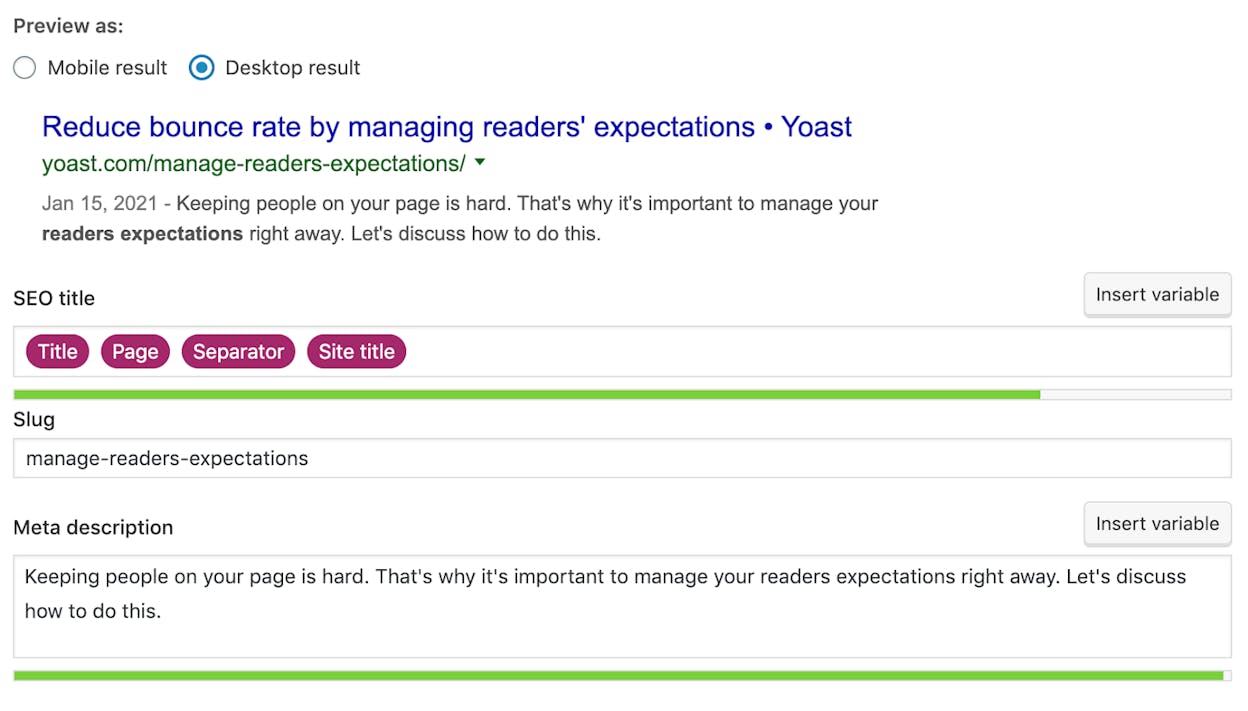 [Screenshot: Yoast SEO plugin interface showing the meta title and description editor for a blog post]