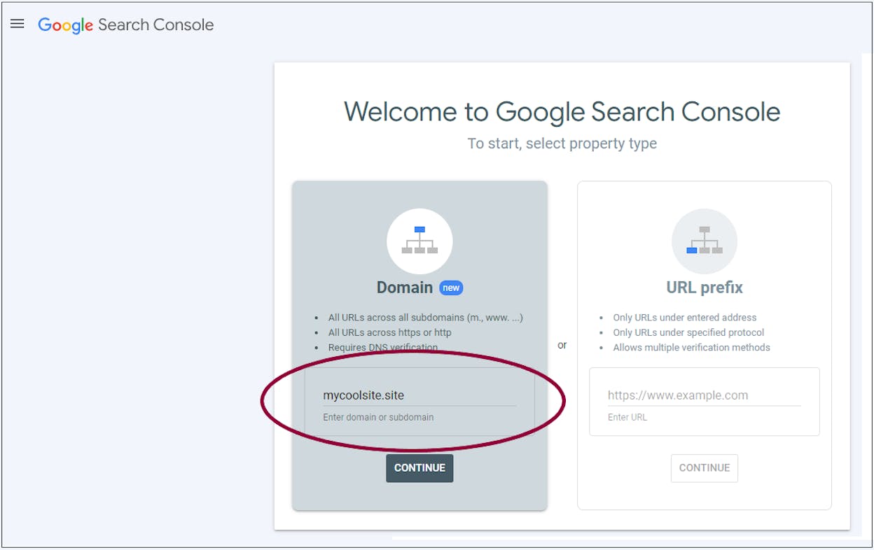 [Screenshot: Google Search Console property verification screen showing DNS verification method]