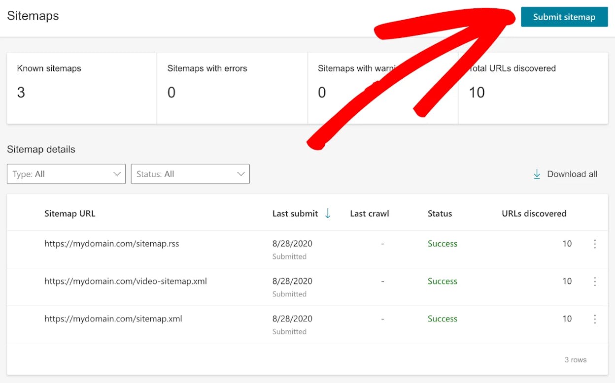 [Screenshot: Bing Webmaster Tools dashboard showing sitemap submission]