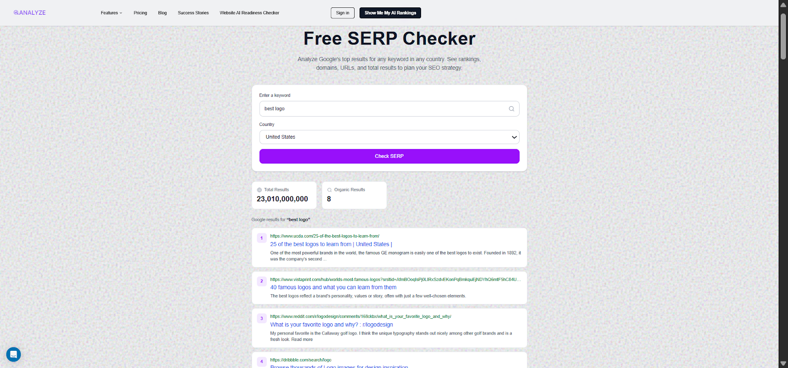 [Screenshot: Analyze AI SERP Checker results for a target keyword showing ranked domains, titles, and URLs]