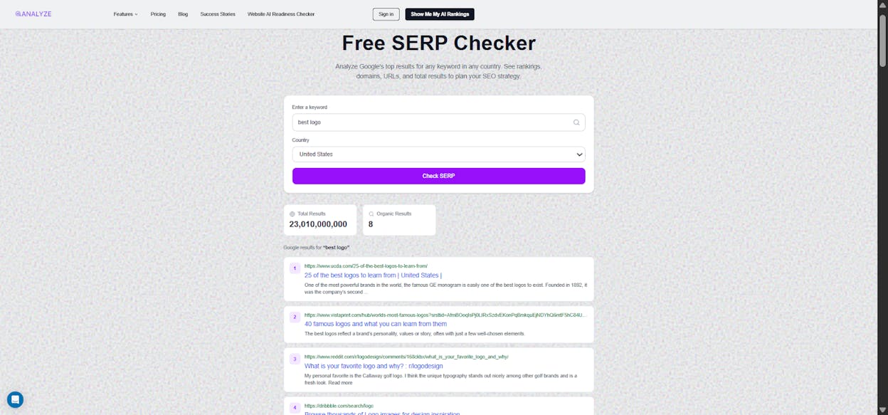 [Screenshot: Analyze AI SERP Checker results for a target keyword showing ranked domains, titles, and URLs]