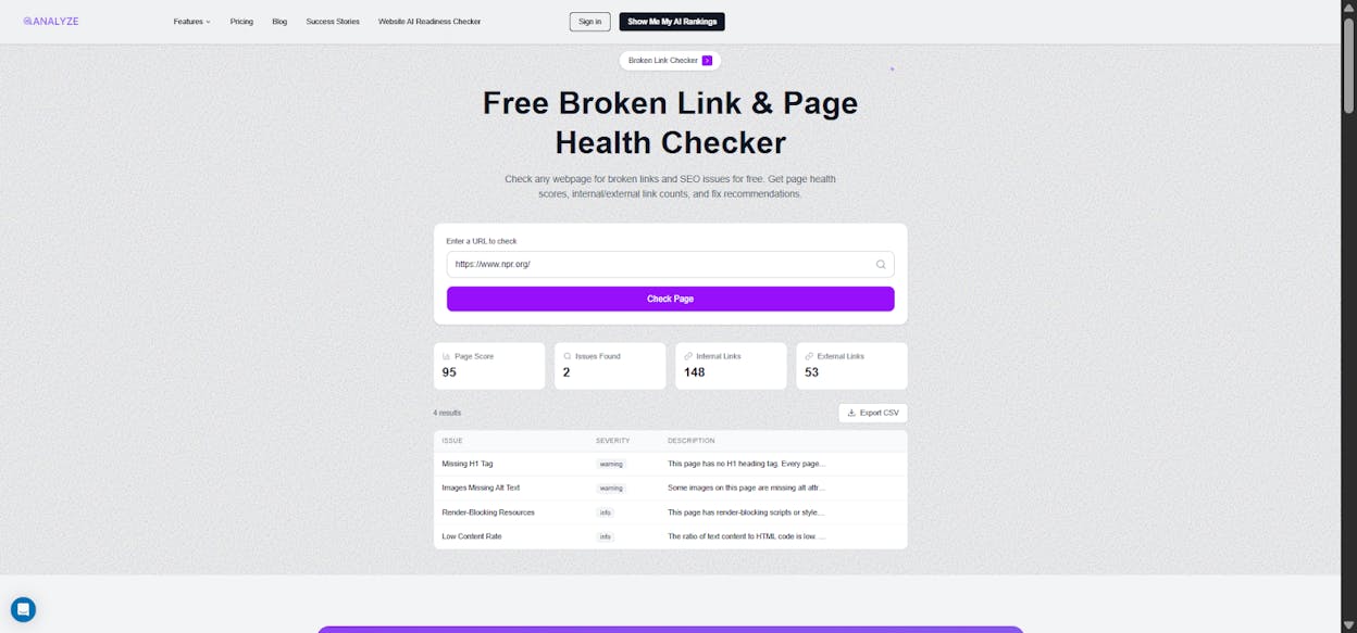 [Screenshot: Analyze AI showing a page audit with broken links flagged and actionable recommendations]