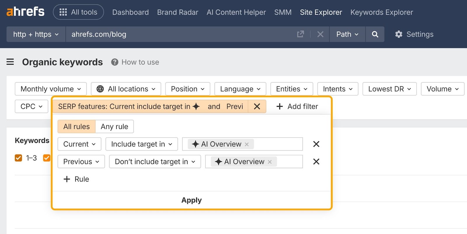 [Screenshot: Ahrefs Keywords Explorer Include filter with link-worthy modifiers added]