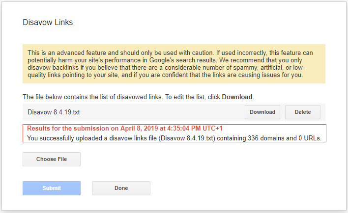 [Screenshot: Google Search Console Disavow Links upload interface]