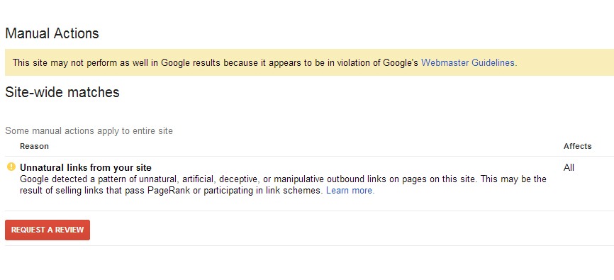 [Screenshot: Google Search Console Manual Actions page showing an unnatural links notification]