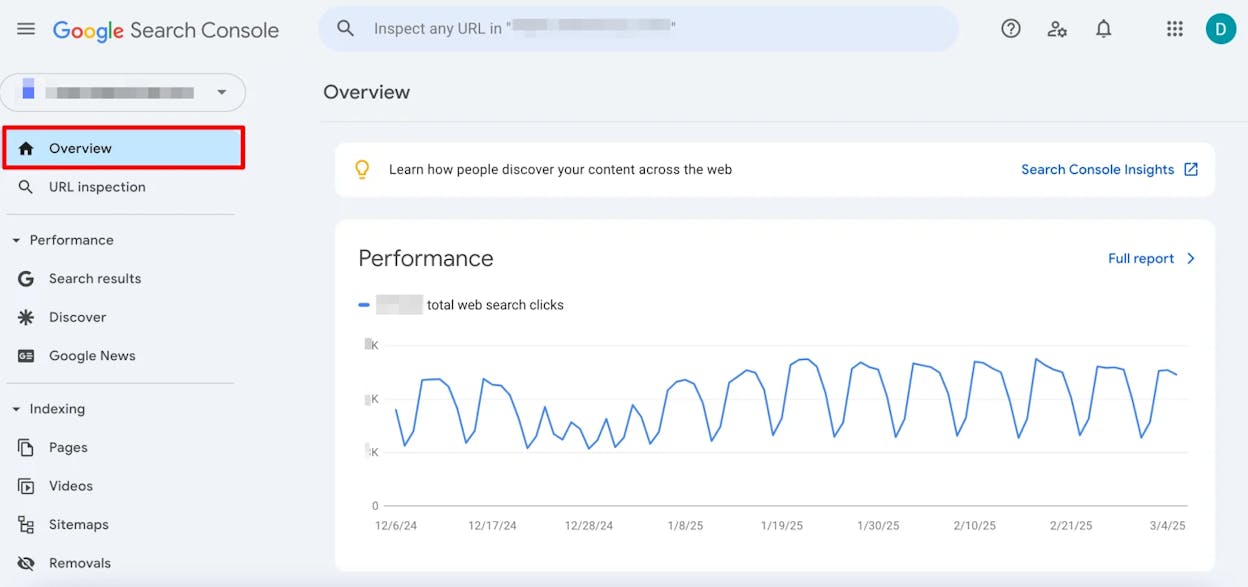 [Screenshot: Google Search Console filtered to a specific page URL showing clicks over time]
