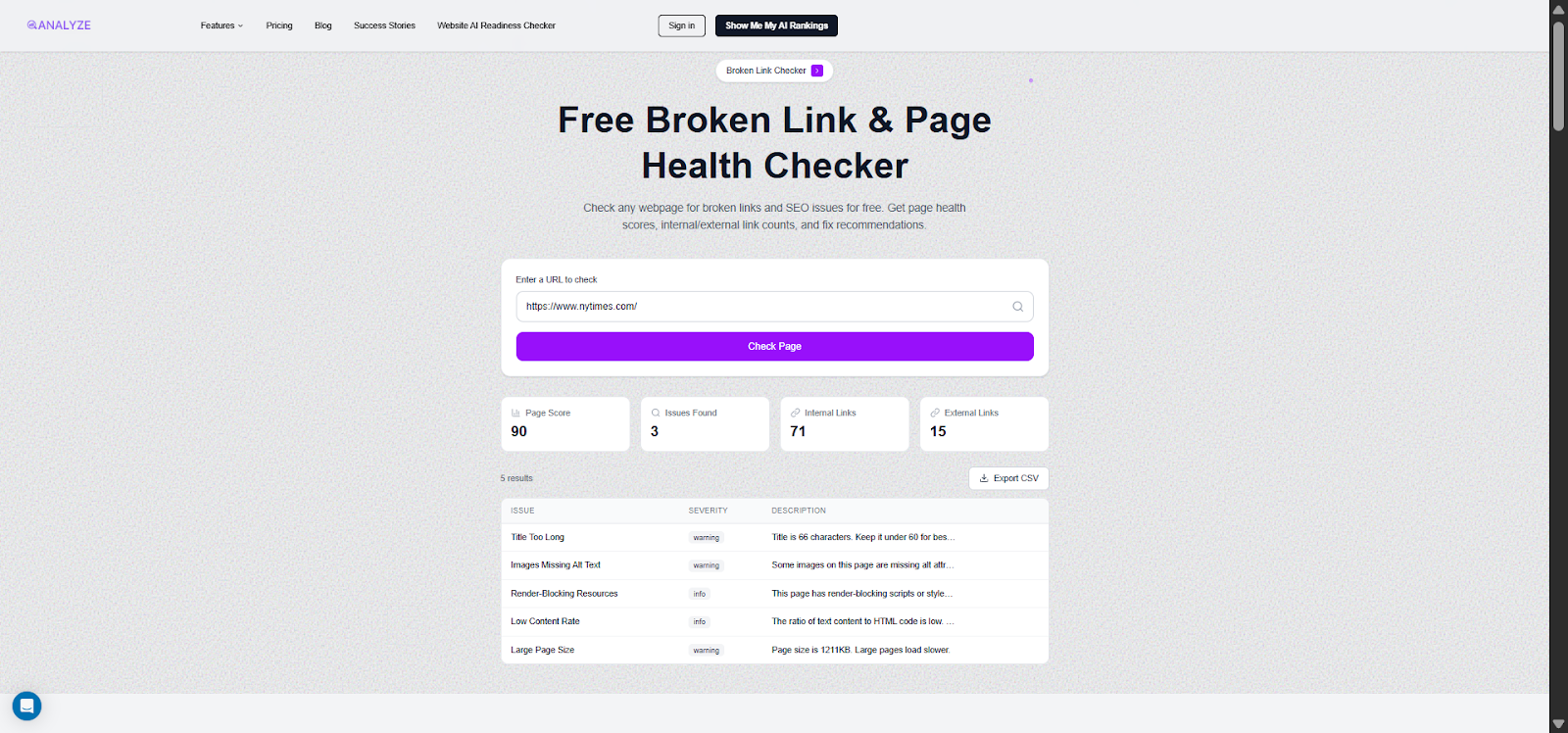 [Screenshot: Analyze AI&rsquo;s free Broken Link Checker results showing broken links found, SEO issues, and page health score for a sample URL]