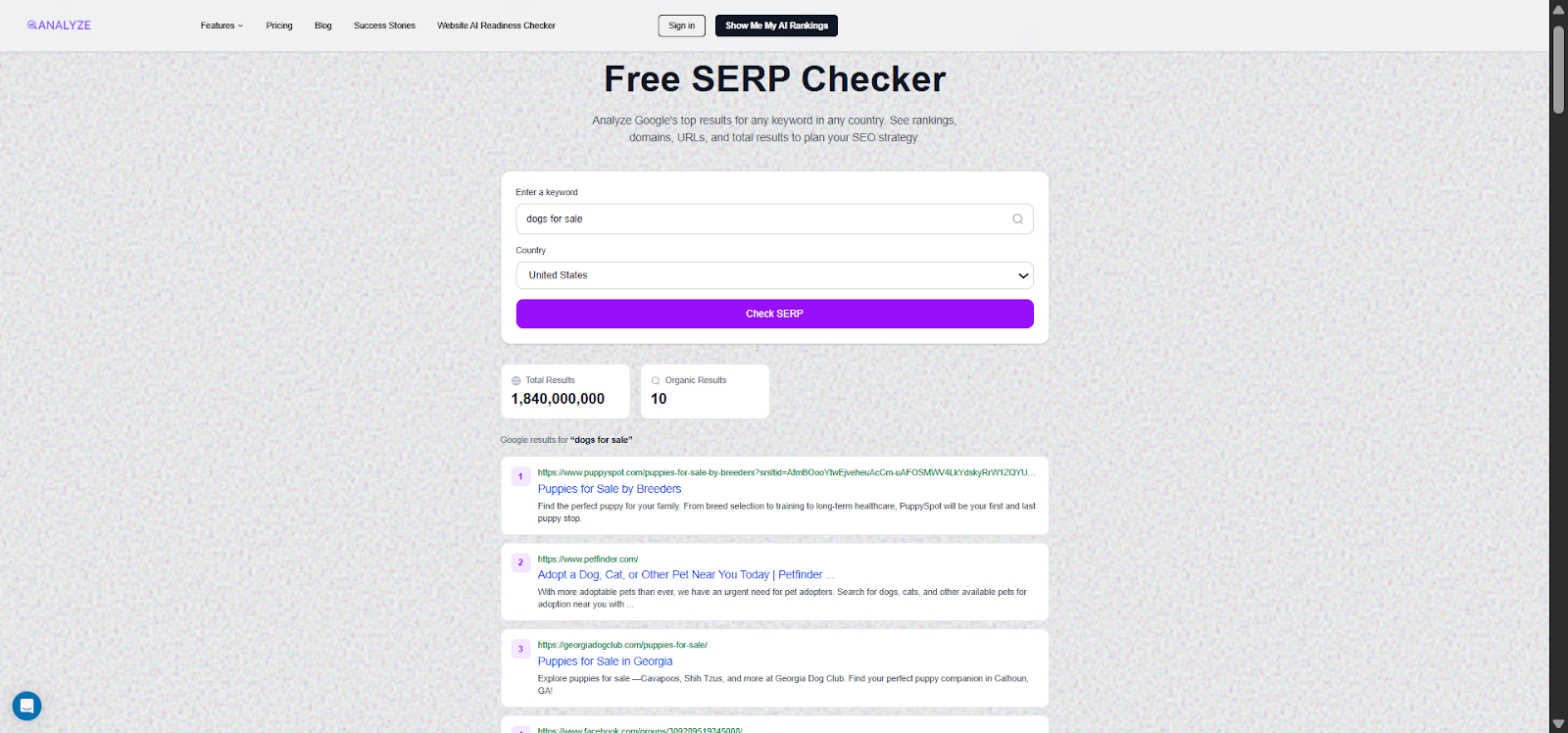 [Screenshot: Analyze AI&rsquo;s free SERP Checker showing top 10 results for a keyword with titles, URLs, and domain names]